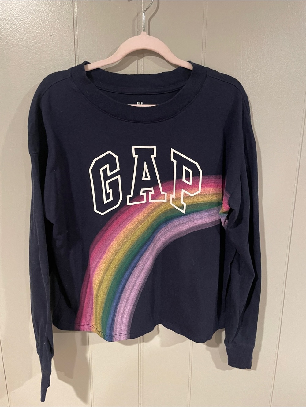 GAP Kids Navy Long-Sleeve Top with Rainbow Graphic Size Large